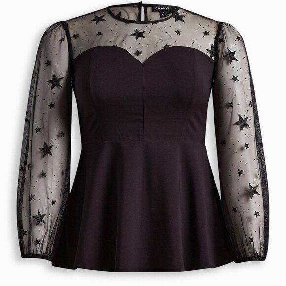torrid Tops - New Black Peplum Stretch Woven Glitter Star Organza Top